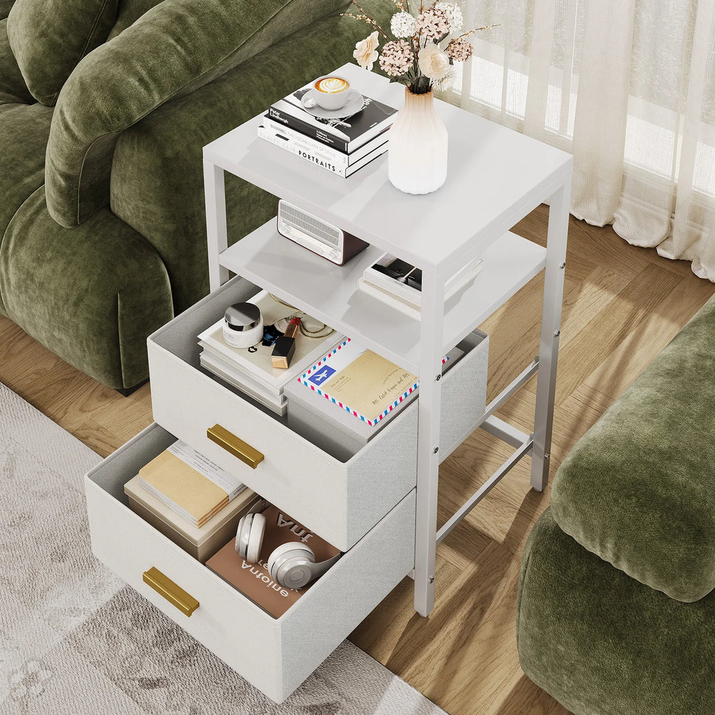 US Side Table Bedside End Table Particle Board Modern Nightstand with 2 Fabric Drawers for Bedroom Living Room White Nightstand