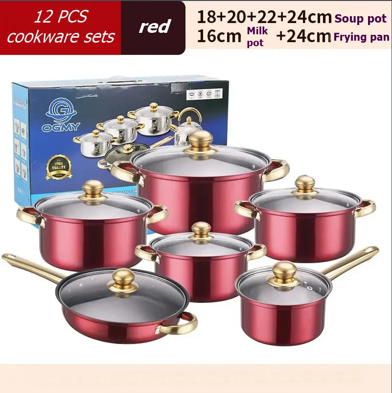 12PCS Stainless Steel Colored Cookware Set Non-stick Pan Gold-plated Handle Soup Pot