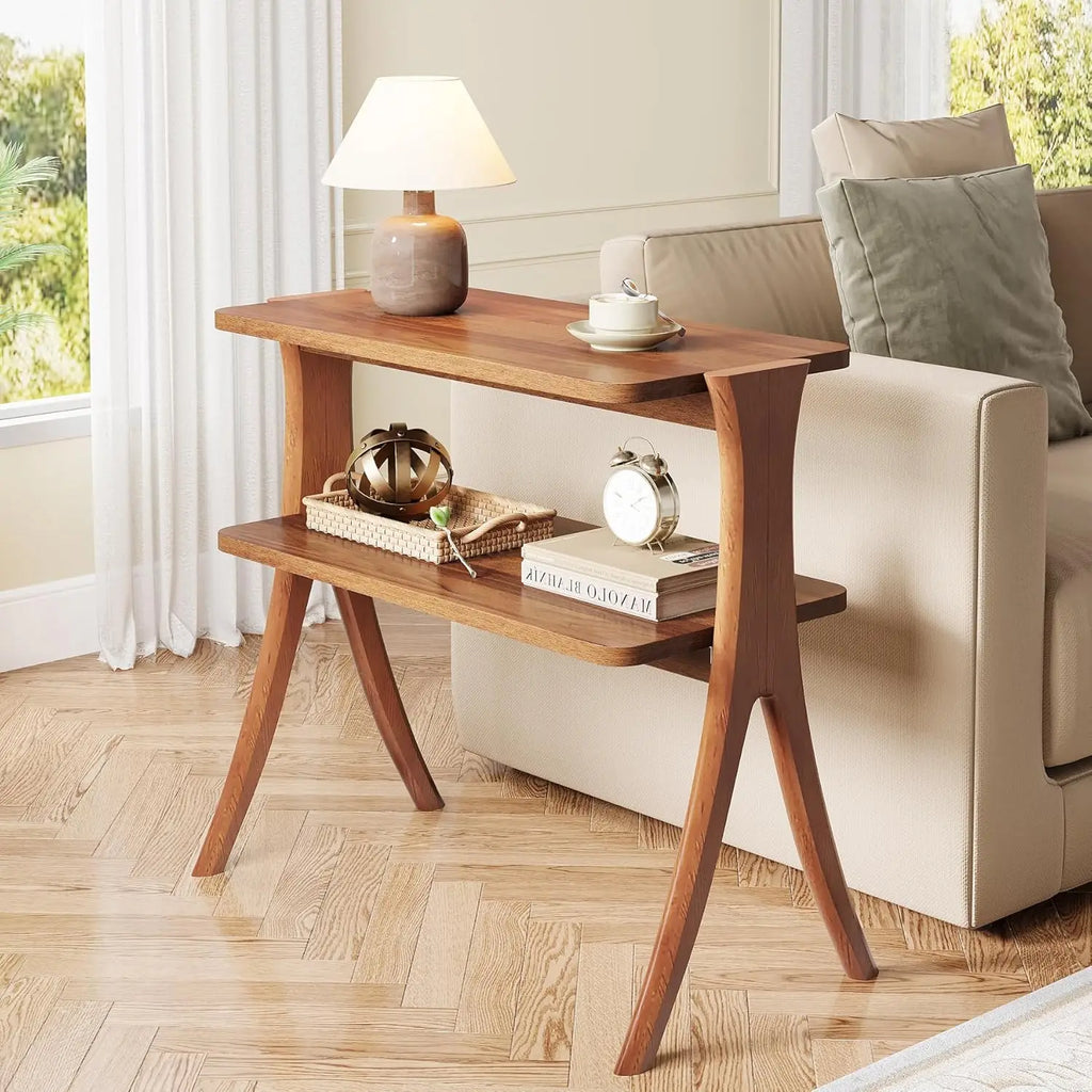 Side Table for Living Room, Farmhouse End Table with 2-Tier Storage Shelf