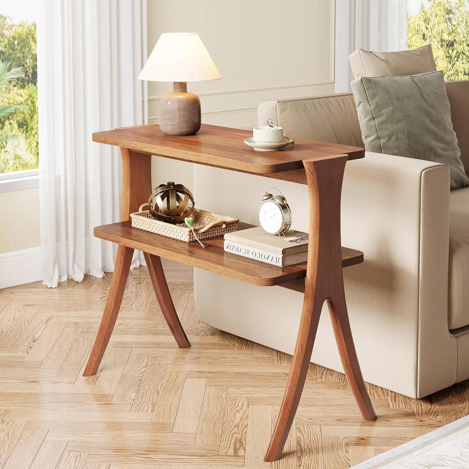 Side Table for Living Room, Farmhouse End Table with 2-Tier Storage Shelf