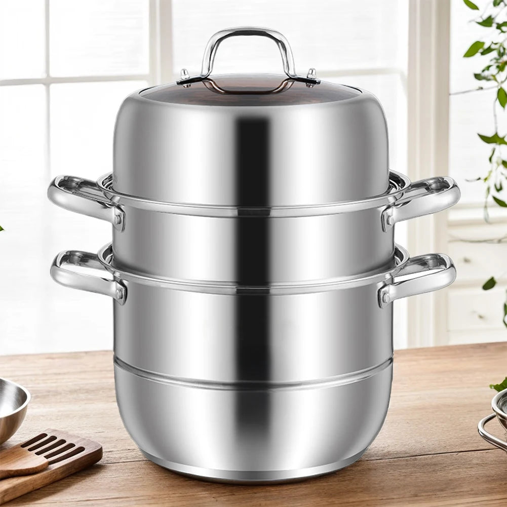 11inch 3 Tier Stainless Steel with Lid & Handle Steamer Pot Thick Food Steamer