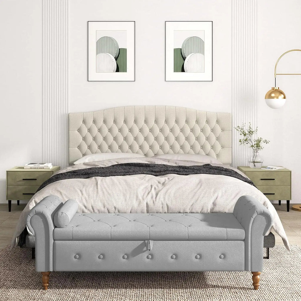 Upholstered King Size Headboard with Solid Wood Legs, Tufted Linen Design