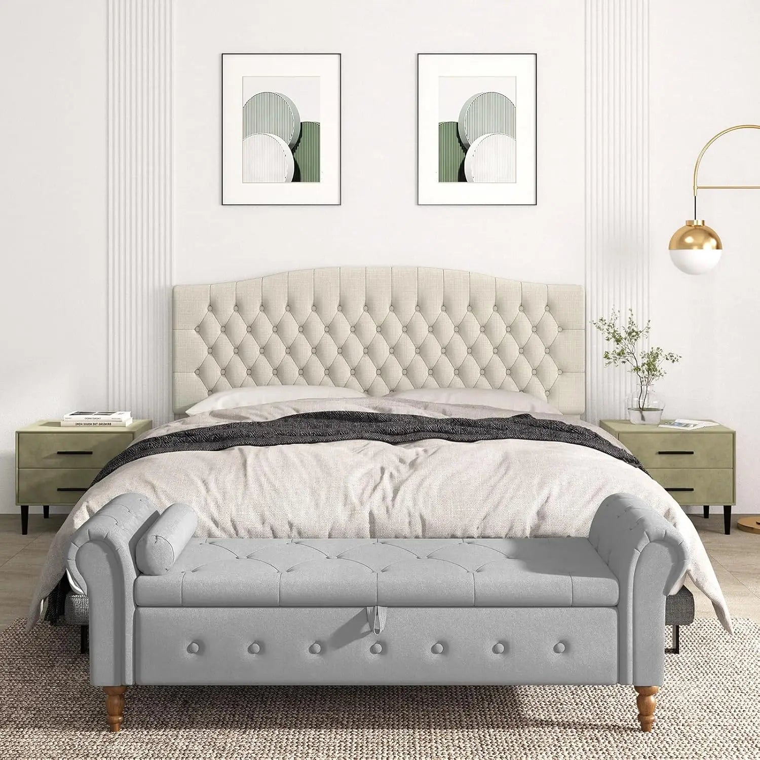 Upholstered King Size Headboard with Solid Wood Legs, Tufted Linen Design