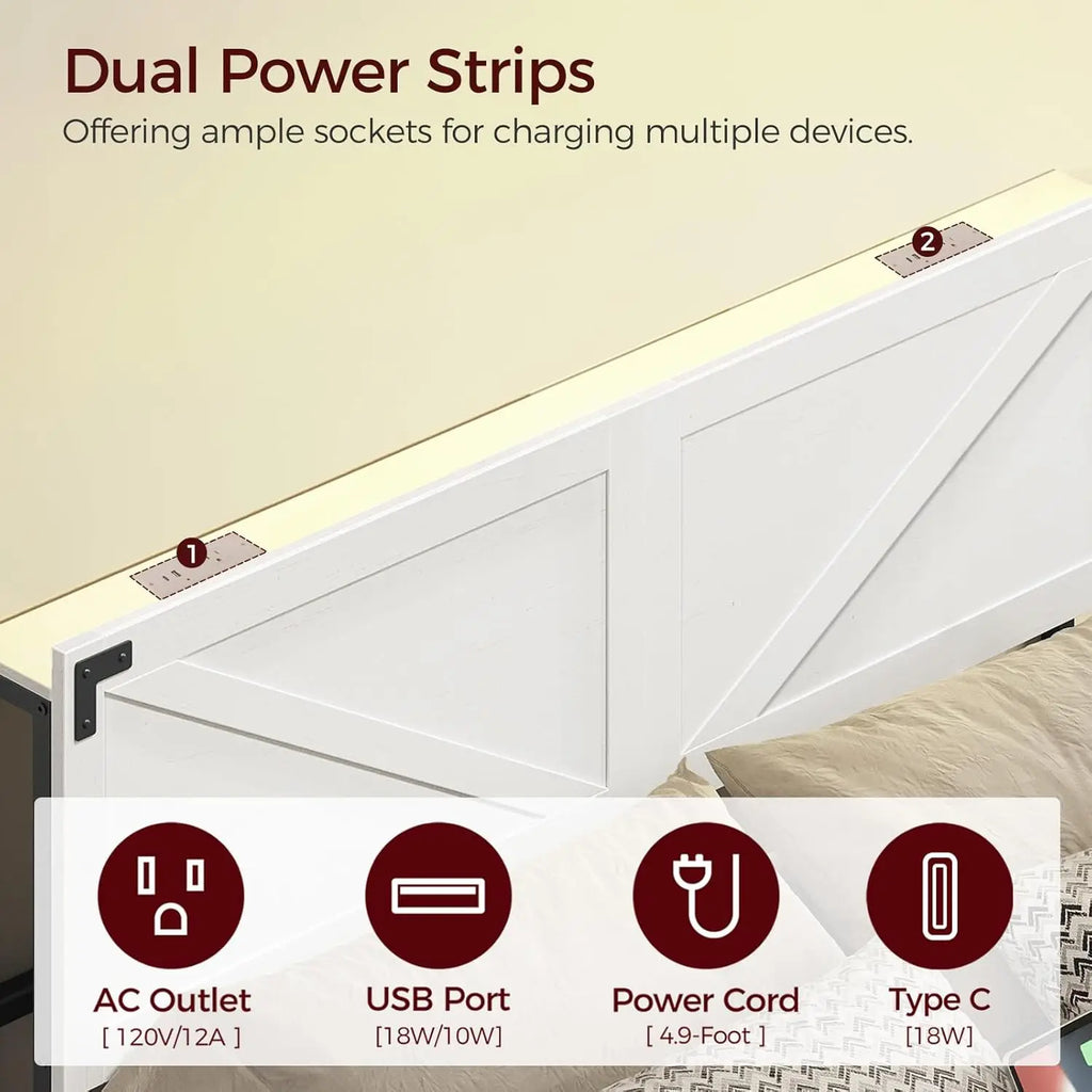 Queen Headboard with USB Ports, LED Lights, Storage Shelf, and Bed Frame