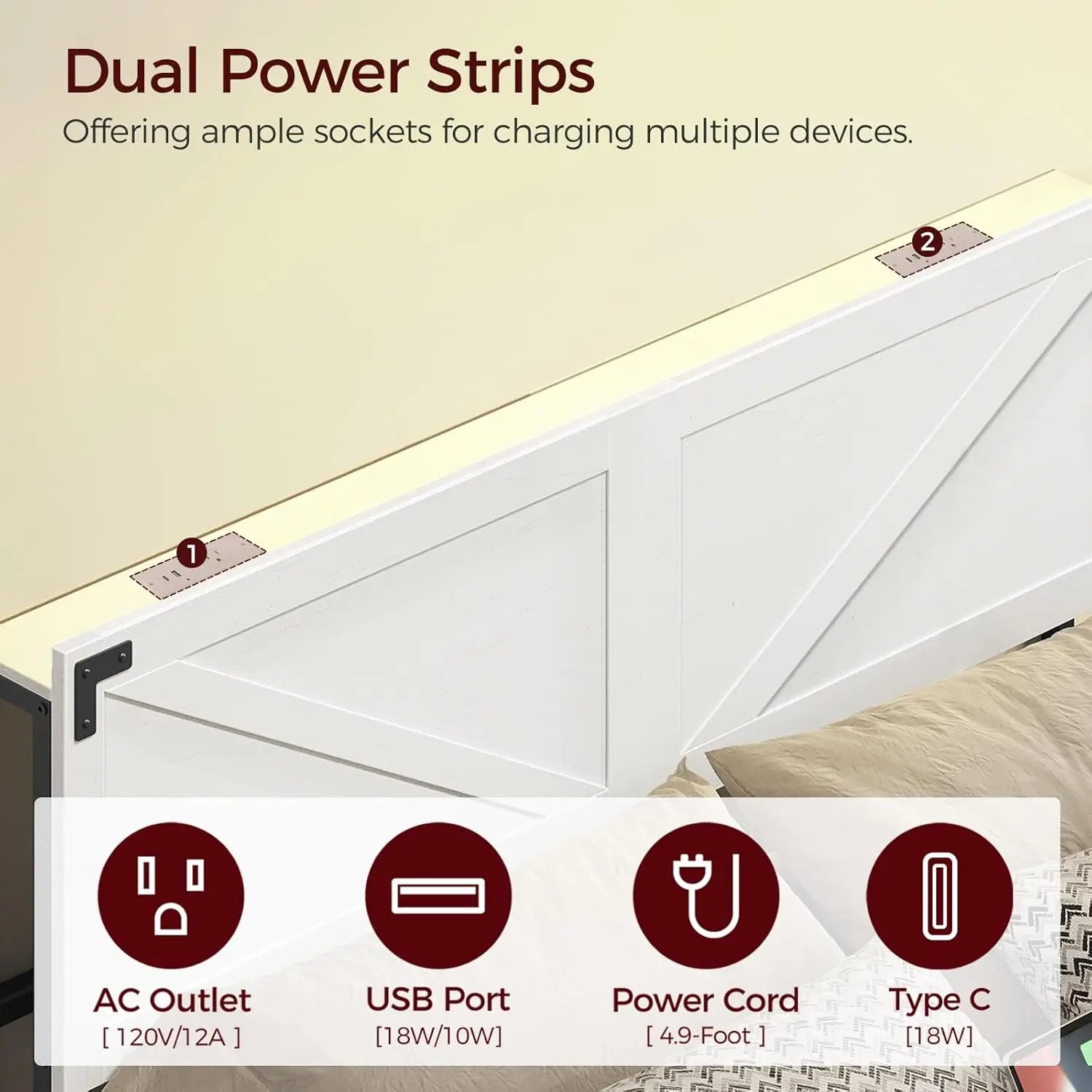 Queen Headboard with USB Ports, LED Lights, Storage Shelf, and Bed Frame