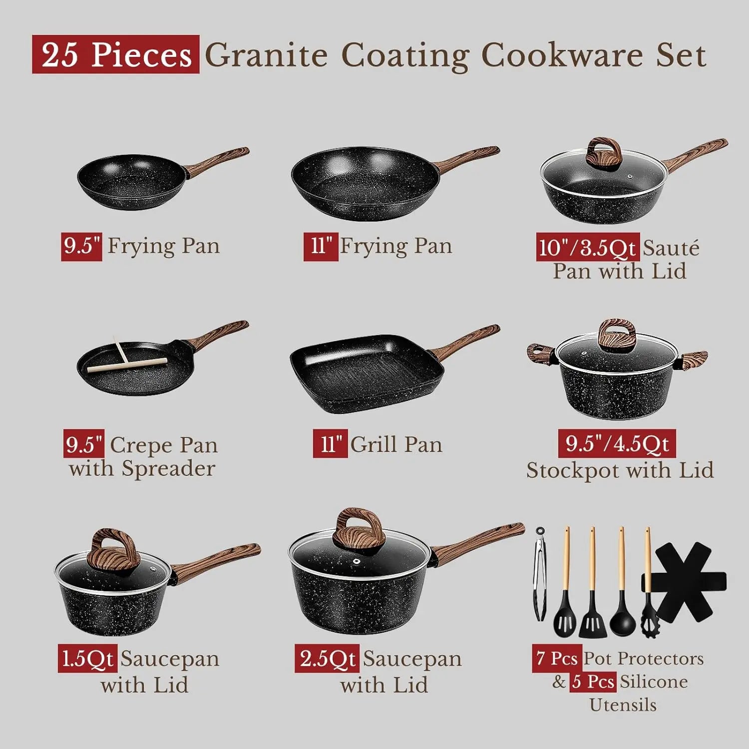 25-Piece Nonstick Ceramic Cookware Set, Healthy & Induction Compatible,
