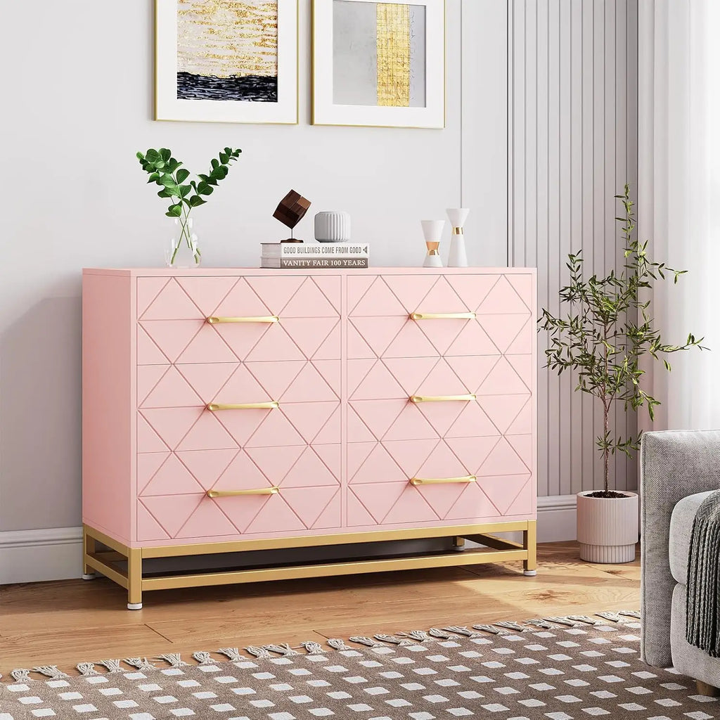 Modern Elegant 6 Drawer Dresser with Gold Handles
