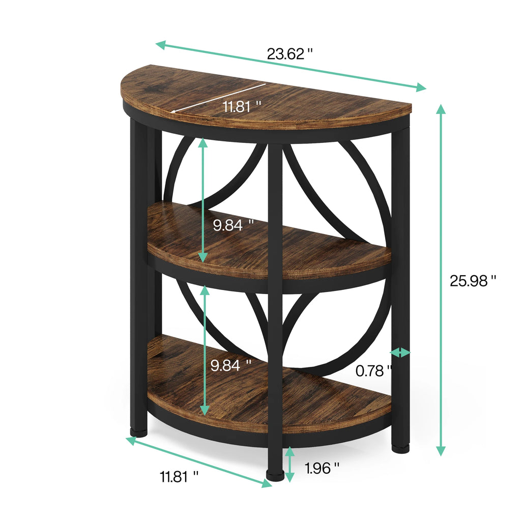 Half Round End Table for Living Room, 3-Tier Half Side Table with Metal Frame