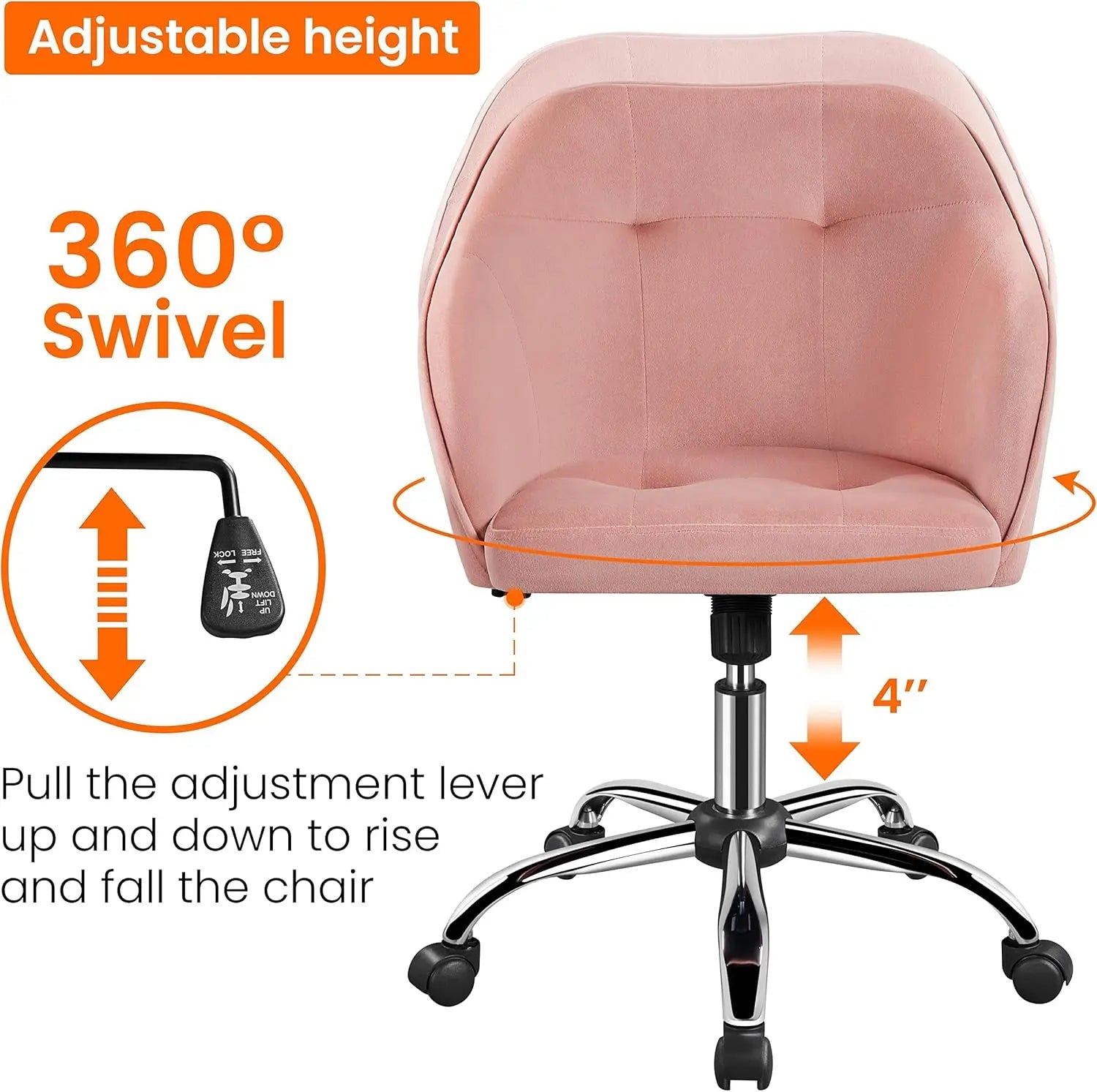Pink Velvet Swivel Office Chair with Wheels, Adjustable Height for Desk, Bedroom, Living Room