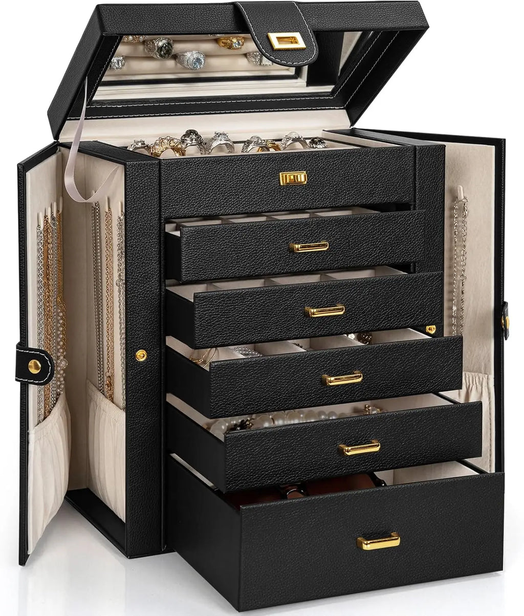 Leather Jewelry Box Organizer with Mirror for Women